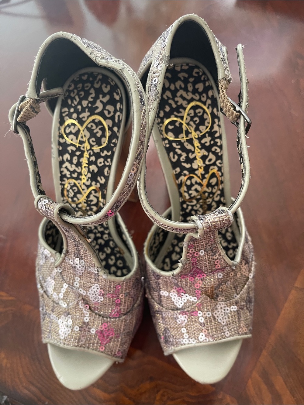 Jessica Simpson silver and Gold Sequin Ankle-Strap Heels